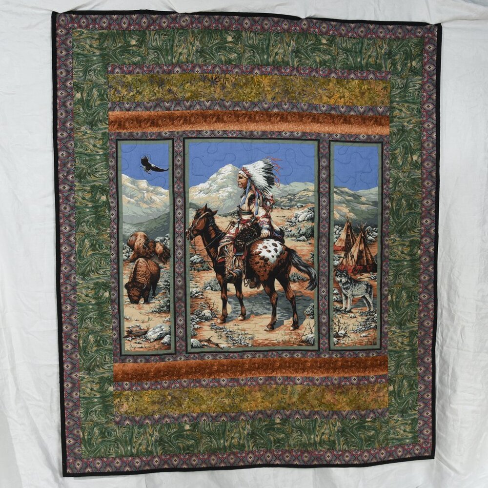 New, handmade throw Quilt, Stunning Native American scene 56" x 66" flannel back